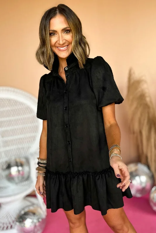 Black Faux Suede Button Down Puff Sleeve Dress Trendy unclassified dresses