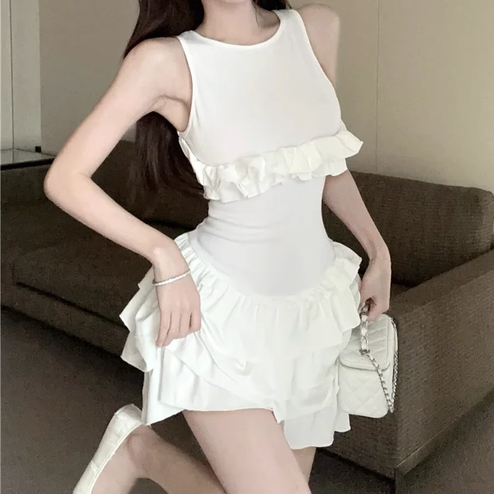 Cross Backless Ruffled Sleeveless White Dress A-line unclassified dresses