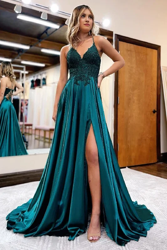 Dark Green Satin A-Line Appliques Prom Dress with Slit Winter unclassified dresses