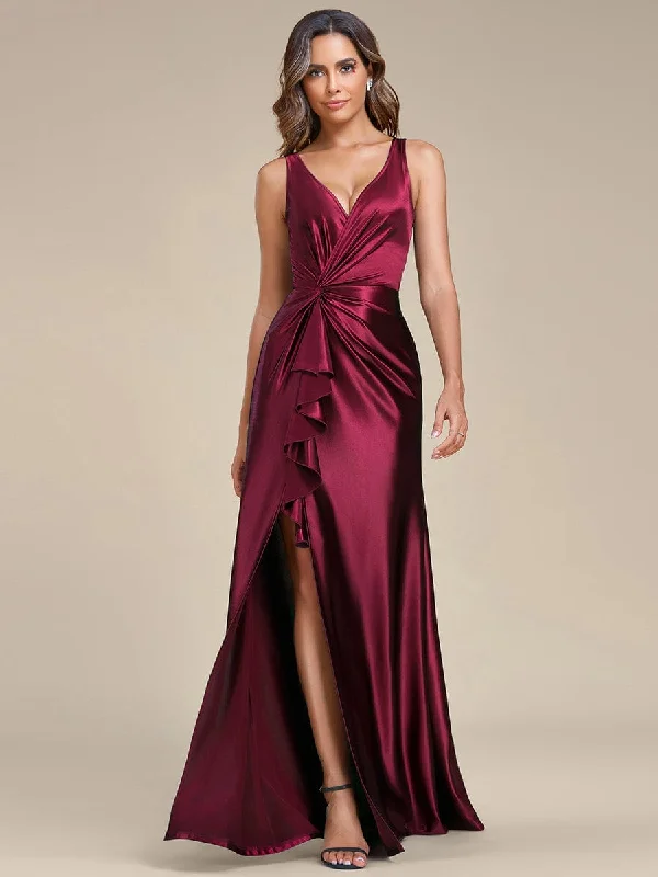 Deep V-Neck Stylish Waist Pleated High Slit Satin Evening Dress Designer unclassified dresses