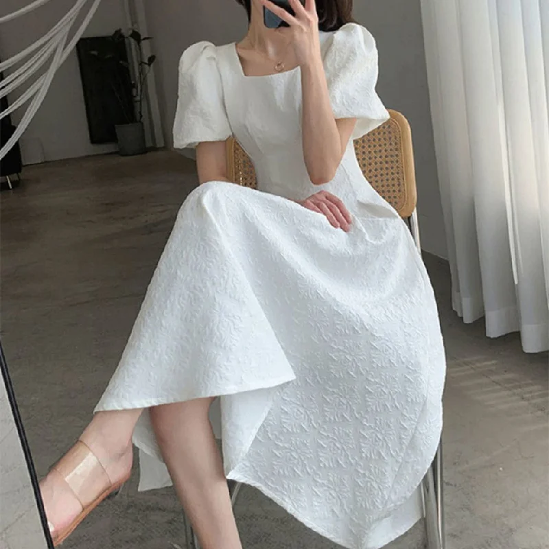 Double Layer Lined Puff Sleeve A-Line Dress Bright color unclassified dresses