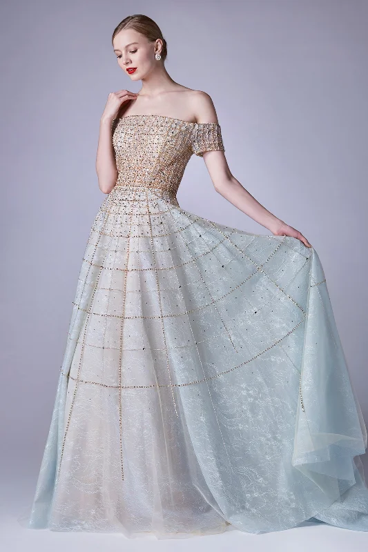 **Elegancia's Ethereal Off-Shoulder Gown: A Vision of Grace and Charm** Printed unclassified dresses