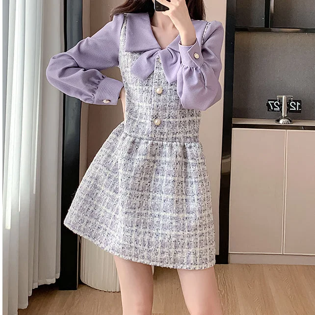 Elegant Purple Tweed Colorblock Dress Winter unclassified dresses