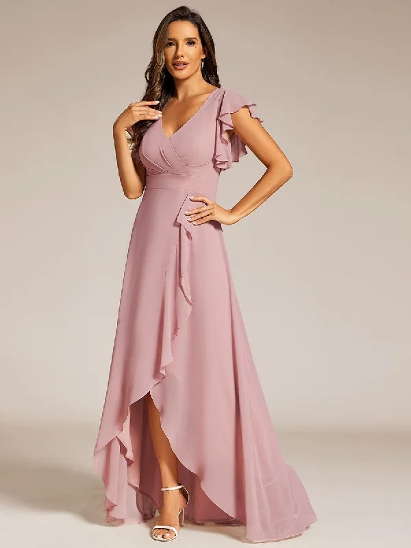 Celia | Elegant Ruffled Chiffon High-Low Bridesmaid Dress with Backless Design Metallic unclassified dresses