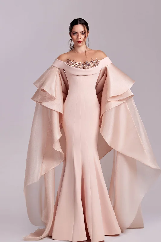 Embellished crepe gown with cascading sleeves Halter unclassified dresses