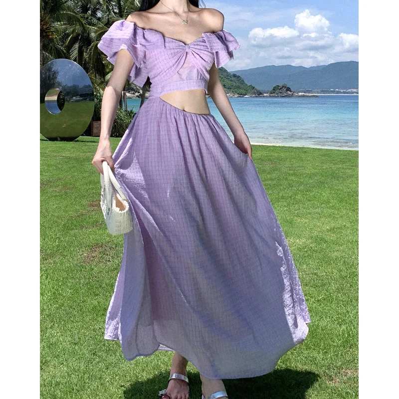 Exposed Waist V-Neck Seaside Holiday Purple Dress Long sleeve unclassified dresses