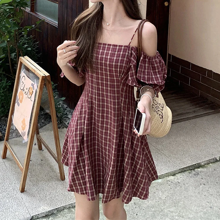 Falbala Plaid Waist Slim Off Shoulder Dress Dark color unclassified dresses