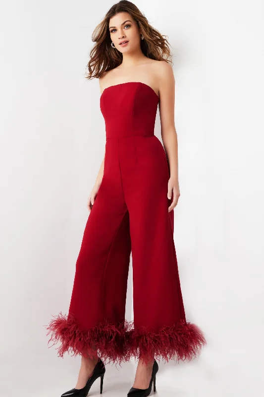 Feather Hem Strapless Jumpsuit by Jovani 22590 Smocked unclassified dresses