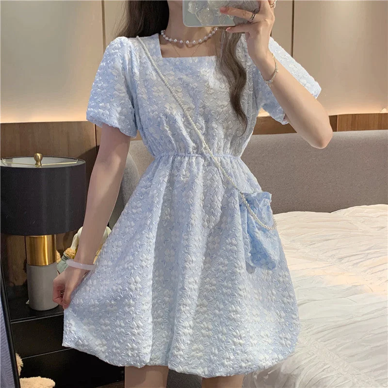 French Square Neck Puff Sleeve Waist Dress With Bag Bright color unclassified dresses