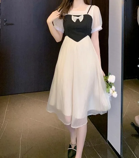 French Stitching Bow Chiffon Fake Two-Piece Dress Knitted unclassified dresses