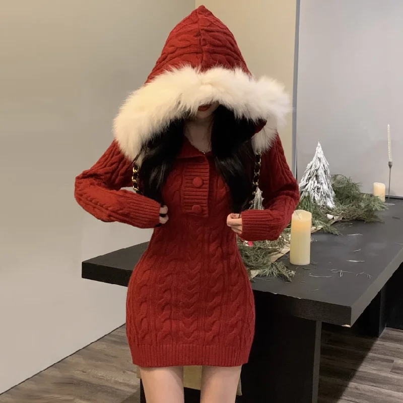 Furry Hooded Christmas Red Knitted Dress Striped unclassified dresses