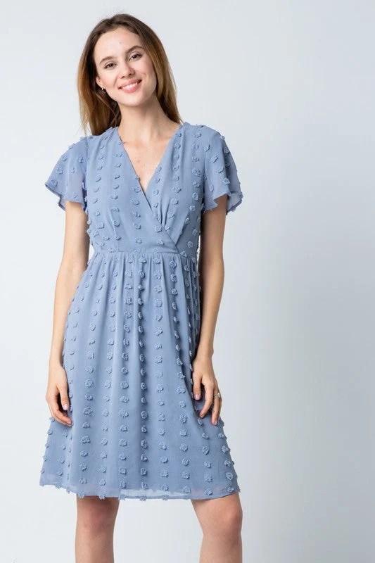 Genevah Swiss Dot Dress in Dusty Blue Polka dot unclassified dresses