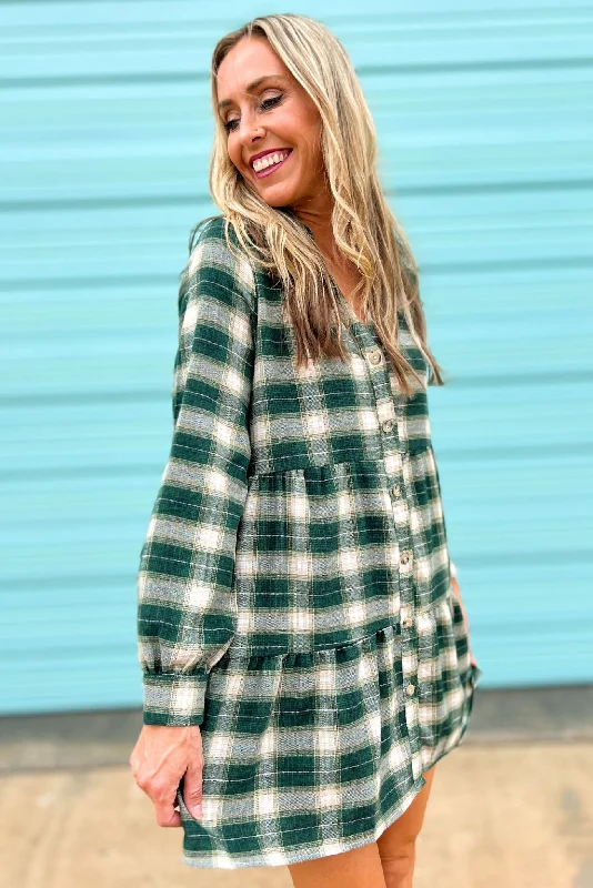 Green Plaid Drop Waist Button Down Dress Color block unclassified dresses