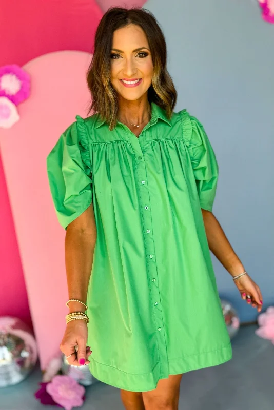 Green Poplin Collared Button Down Frill Puff Sleeve Dress Party unclassified dresses