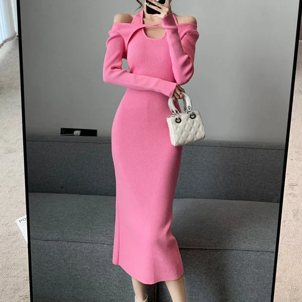 Halterneck Off-Shoulder Slim Fit Knitted Dress Lounge unclassified dresses