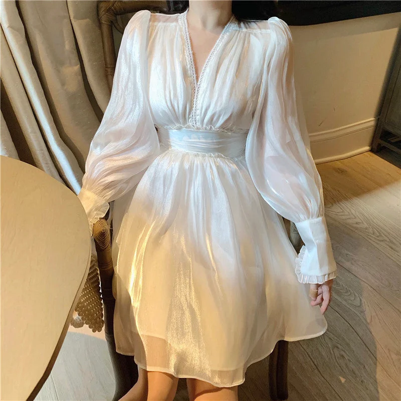 High Waist Ruffled V-Neck Puff Sleeve White Dress Cocktail unclassified dresses