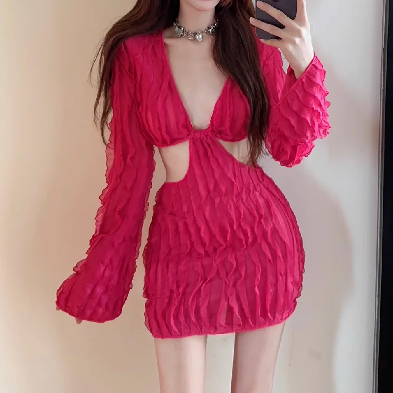 Hollow Waist Low-Cut Nightclub Rose Red Dress Sequin unclassified dresses