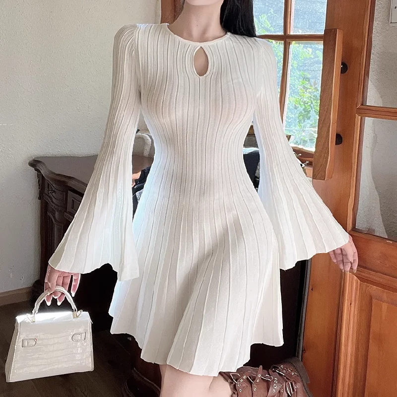 Hollow Wide Sleeve Round Neck Slim A-Line Dress Color block unclassified dresses