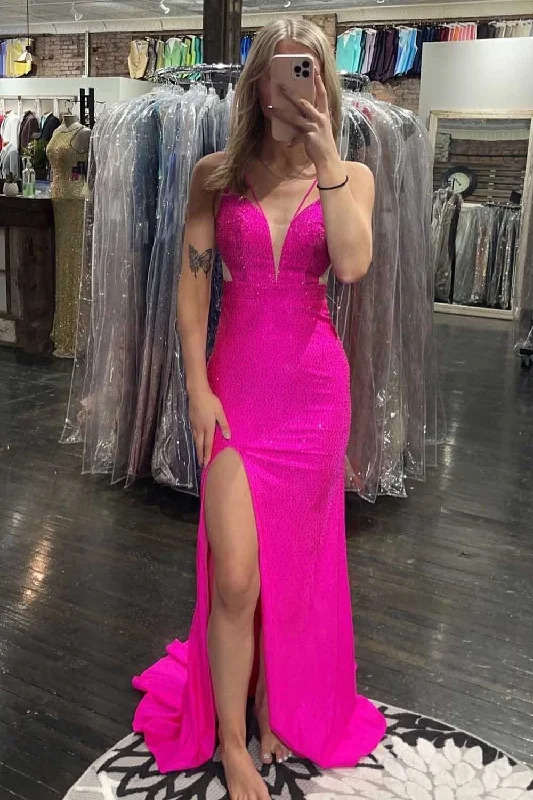 Hot Pink Beading Mermaid Prom Dress with Slit Affordable unclassified dresses