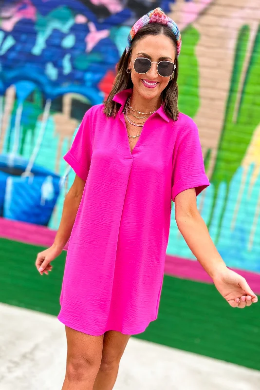 Hot Pink Collared V Neck Rolled Sleeves Shift Dress Ruched unclassified dresses