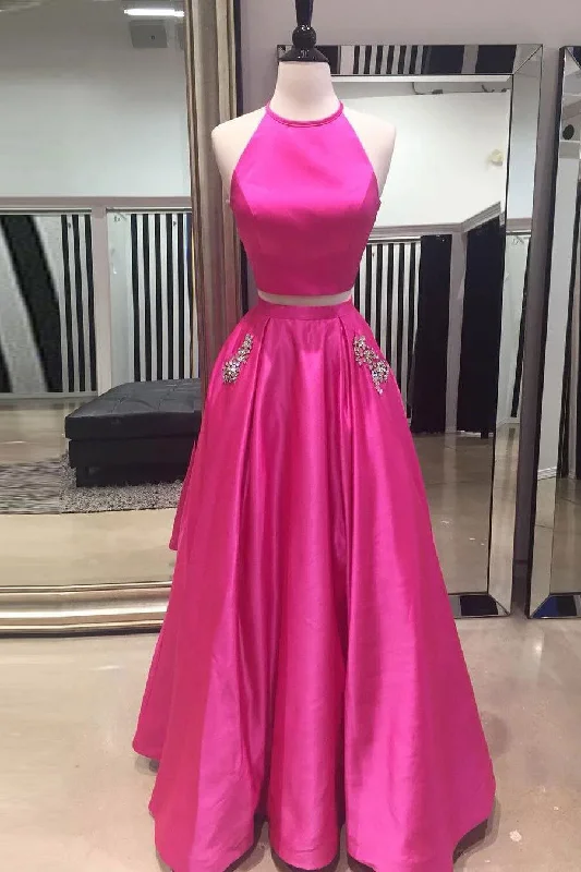 Hot Pink Halter Two Pieces Prom Dresses with Pockets Floor Length Formal Dresses N913 Women's unclassified dresses