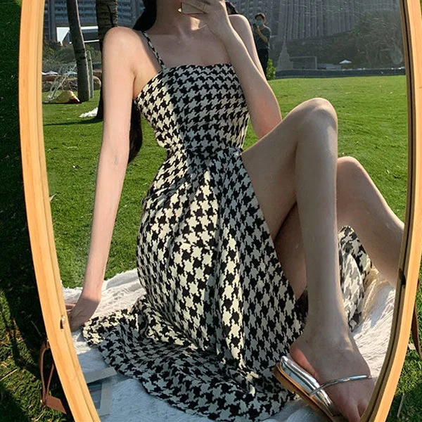 Houndstooth Slit Waist Slit Holiday Slip Dress Striped unclassified dresses