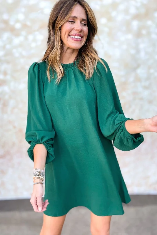 Hunter Green Mock Neck Bubble Sleeve Dress Elegant unclassified dresses