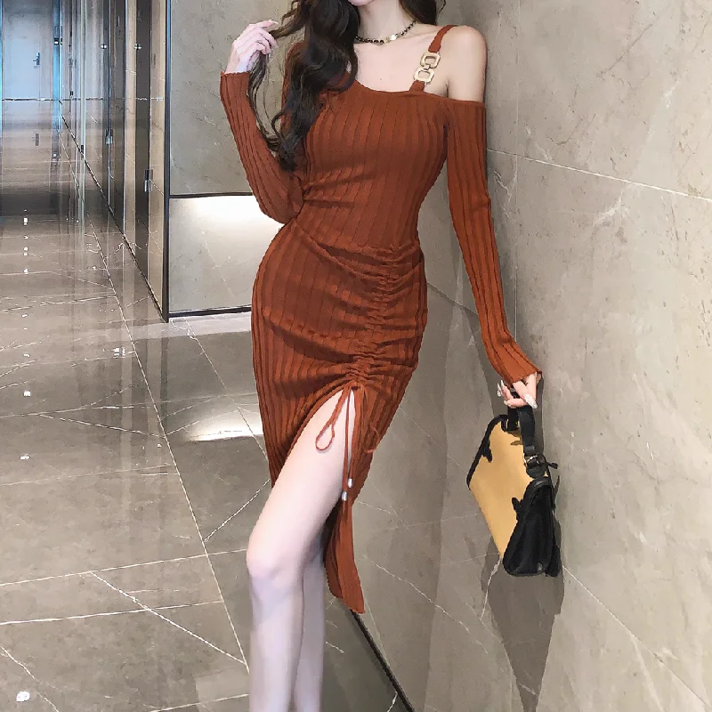 Irregular Drawstring Slim One Shoulder Knitted Dress Cocktail unclassified dresses