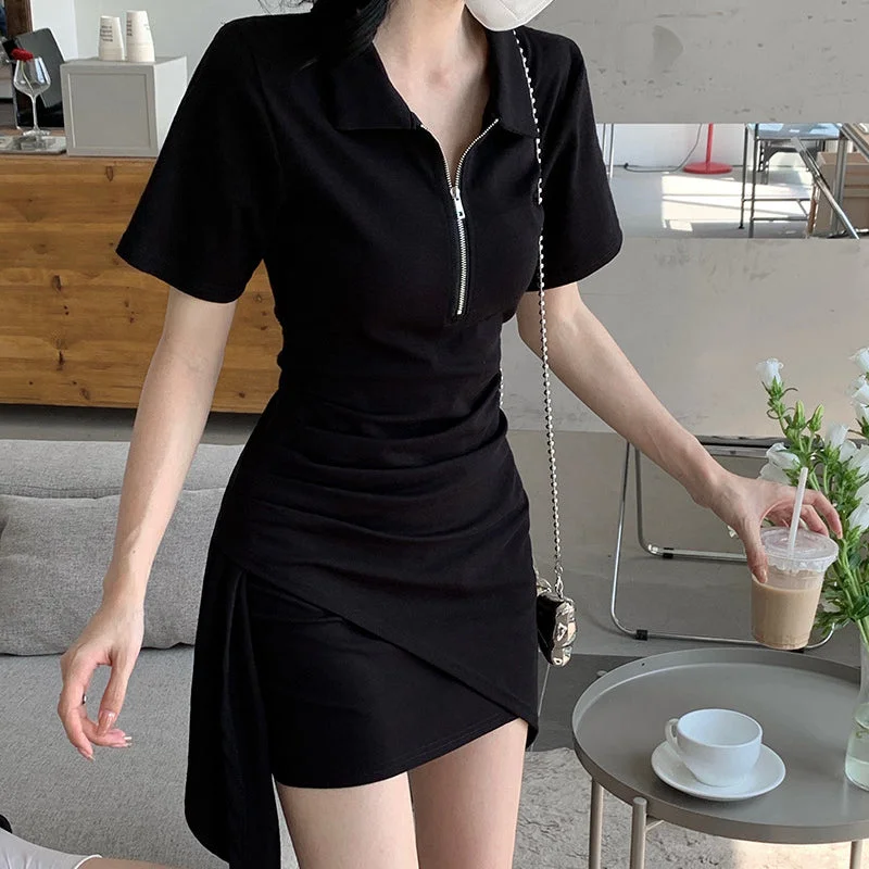 Irregular Polo Neck A-Line Hip Wrap Dress Trendy new unclassified dresses