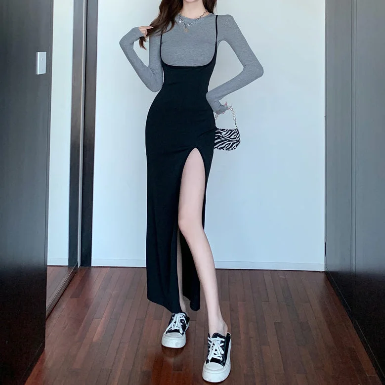 Knit Top Crossover Halter Slit Dress Suit Trendy unclassified dresses