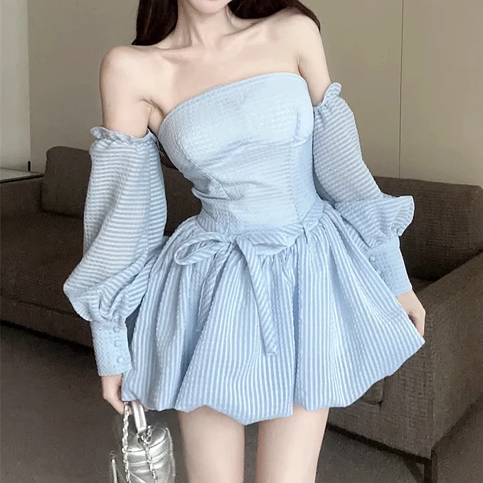 Lantern Sleeve Waist Slim Fit Puffy Tube Top Dress Street style unclassified dresses