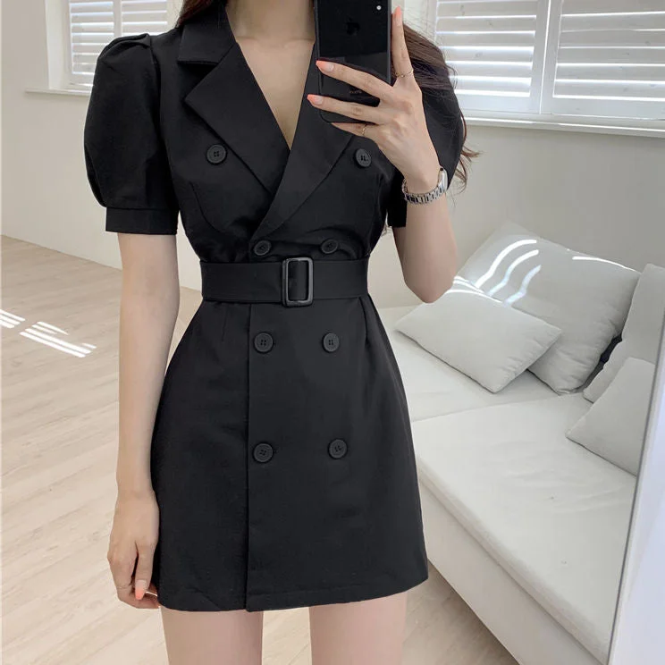 Lapel Belt Puff Sleeve Button Suit Dress Polka dot unclassified dresses