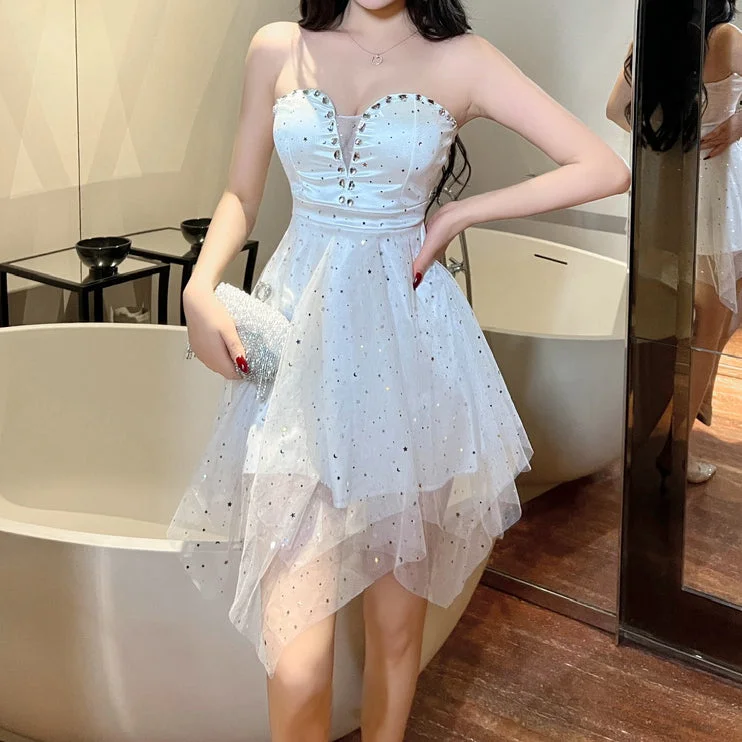 Mesh Diamond-Embellished Tube Top Puffy Dress Long sleeve unclassified dresses