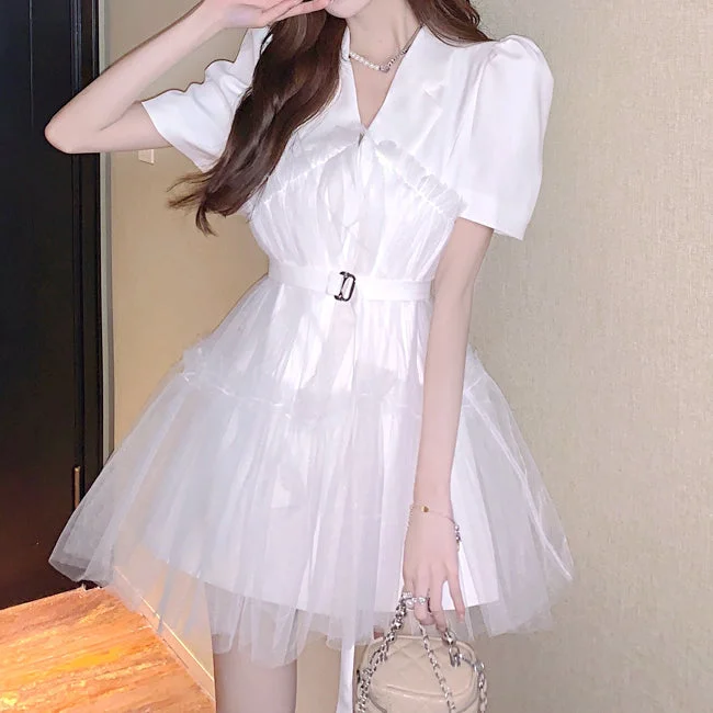 Mesh Suit Collar Waist Puff Sleeve Dress High-end unclassified dresses