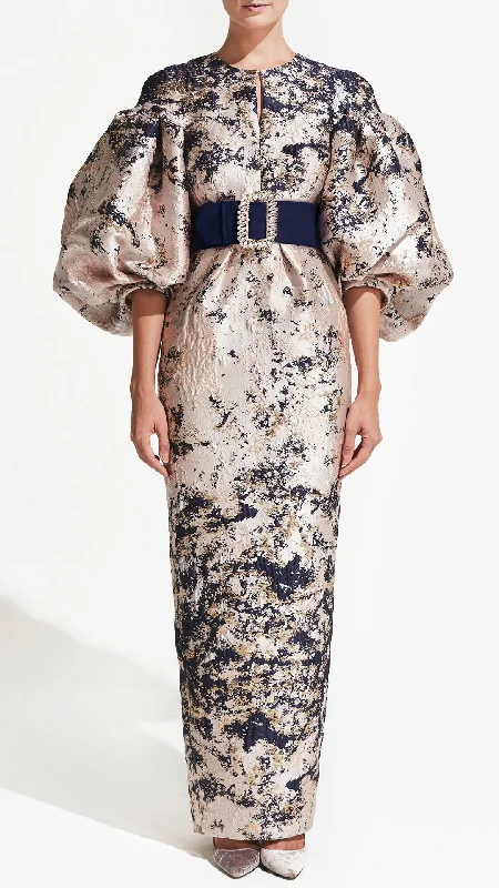 Modest brocade dress with belt Office unclassified dresses