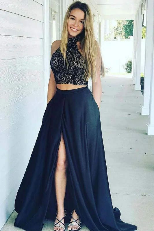 Navy Blue High Neck Prom Dresses with Slit Two Piece Sleeveless Formal Dresses N1137 Monochrome unclassified dresses