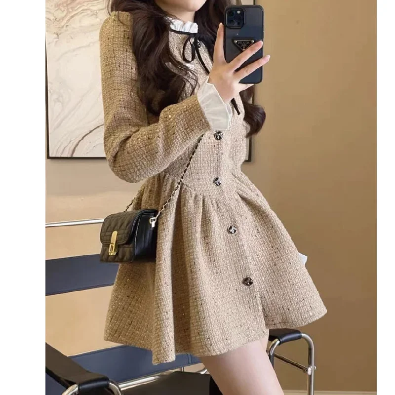 Nipped-Waist Bell-Sleeved Tweed Elegant Dress Vintage unclassified dresses