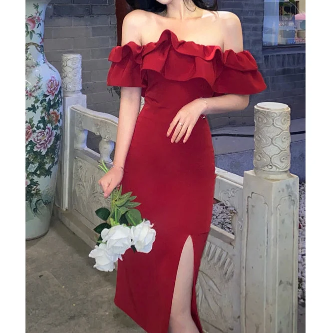 Nipped-Waist Ruffle Off-The-Shoulder Slit Prom Dress Trendy unclassified dresses