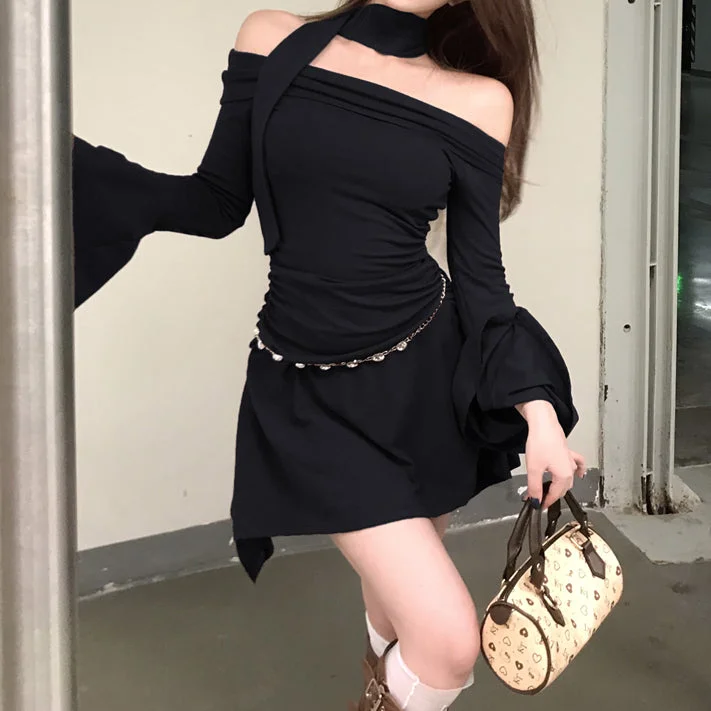 Off-Shoulder Trumpet Sleeve Solid Color Hip Dress Breathable unclassified dresses