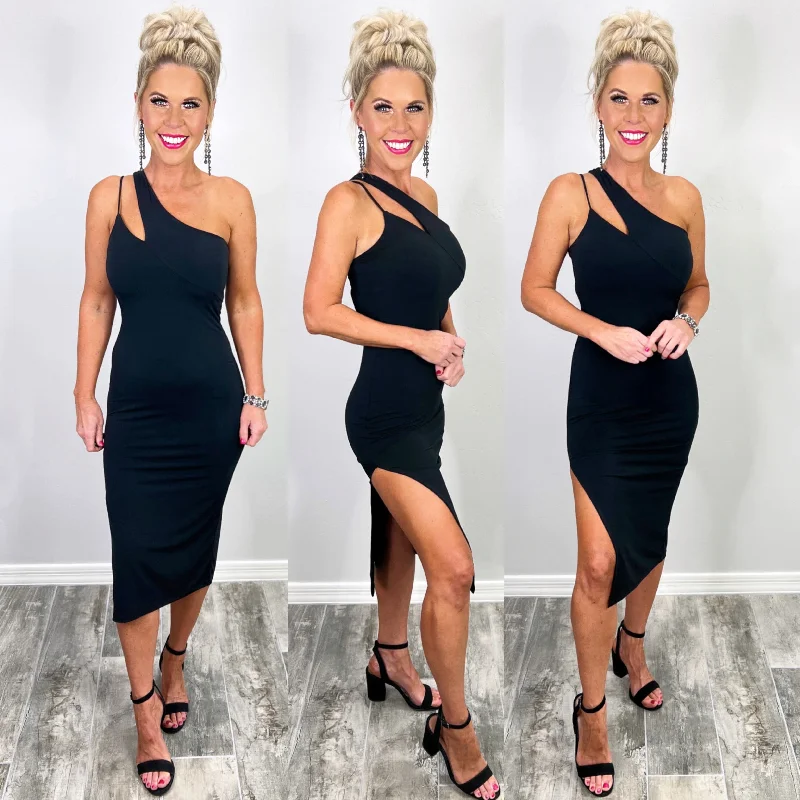 One Shoulder Slit Dress - Black Unique unclassified dresses