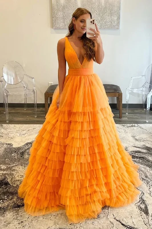 Orange Deep V-Neck Tiered Prom Dress Mesh unclassified dresses