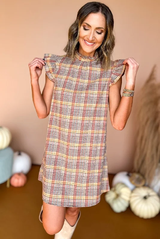 Orange Plaid Ruffle Sleeve Tie Back Dress Off-shoulder unclassified dresses