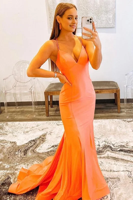 Orange Spaghetti Straps Blackless Mermaid Prom Dress Monochrome unclassified dresses