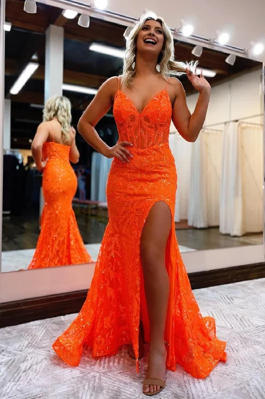 Orange Spaghetti Straps Mermaid Prom Dress Pastel unclassified dresses