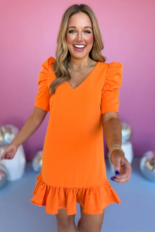 Orange V Neck Puff Sleeve Ruffle Hem Dress Stretchy unclassified dresses