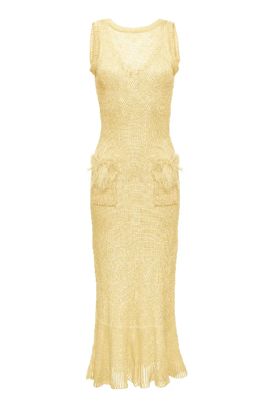 Champagne Rose Knit Dress With Feathers Chic unclassified dresses