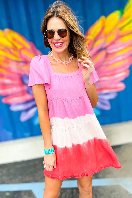 Pink Colorblock Dip Dye Square Neck Tiered Dress Cotton unclassified dresses