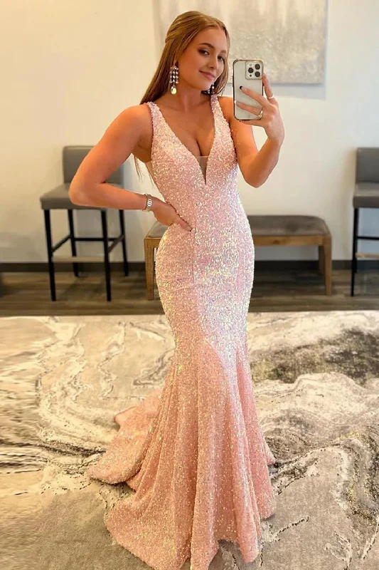 Pink Deep V Neck Mermaid Prom Dress Sequin unclassified dresses