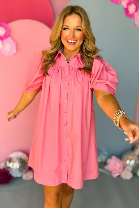 Pink Poplin Collared Button Down Frill Puff Sleeve Dress Bold pattern unclassified dresses