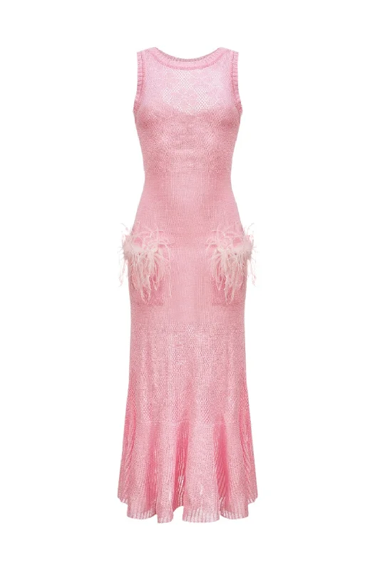 Pink Rose Knit Dress With Feathers Corset unclassified dresses